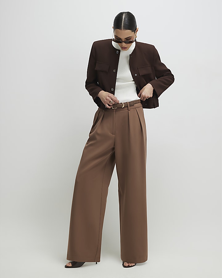 Brown Belted Wide Leg Trousers