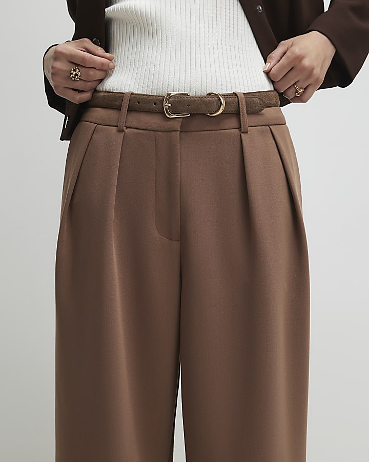 Brown Belted Wide Leg Trousers