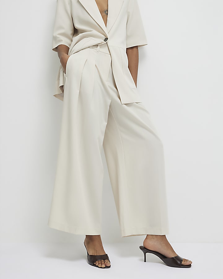 Beige Ankle Grazer Tailored Trousers