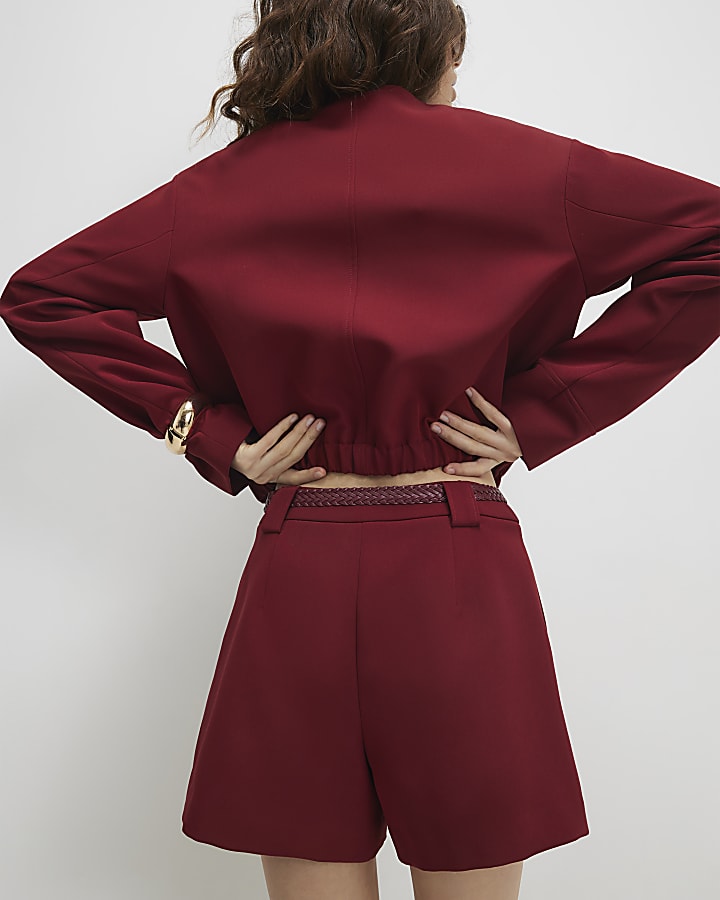 Red Tailored Plaited Belt Shorts