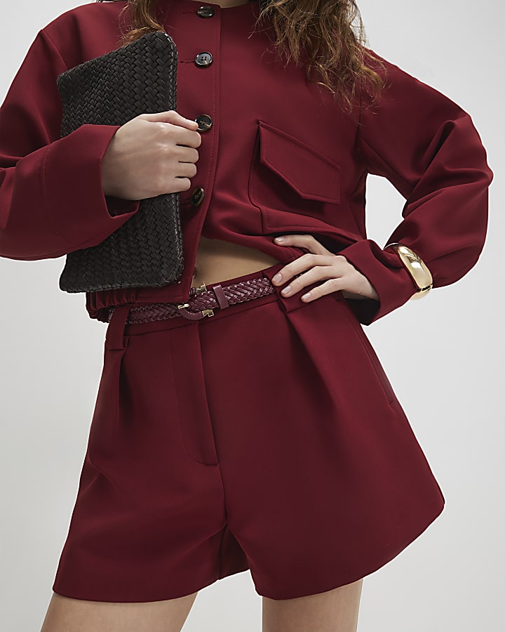 Red Tailored Plaited Belt Shorts