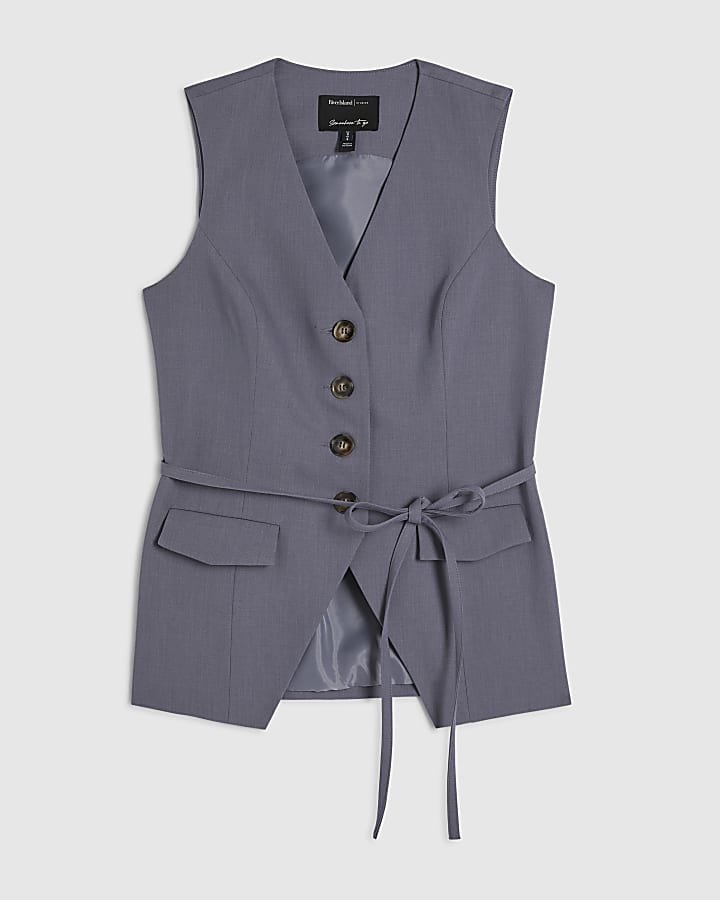 Grey Sleeveless Tie Detail Waistcoat