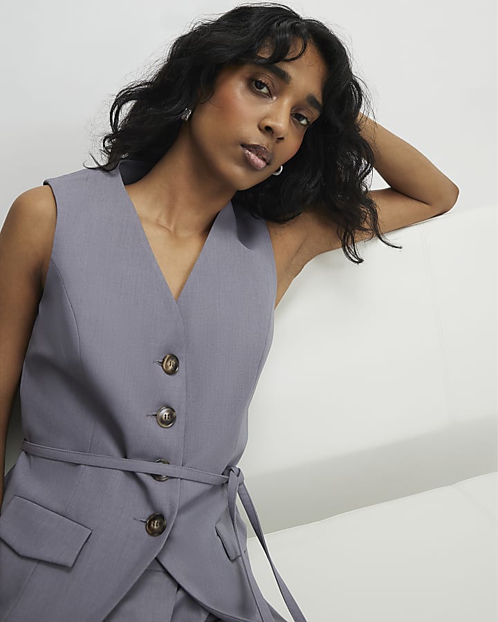 Grey Sleeveless Tie Detail Waistcoat