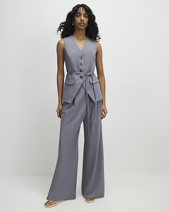 Grey Sleeveless Tie Detail Waistcoat