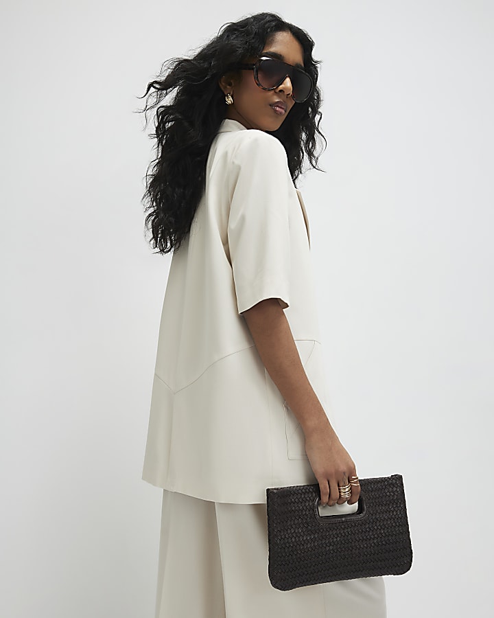 Beige Short Sleeve Pocket Blazer