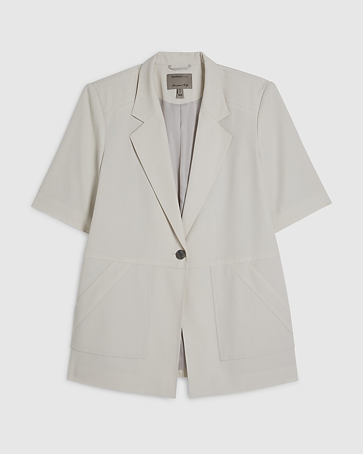 Beige Short Sleeve Pocket Blazer