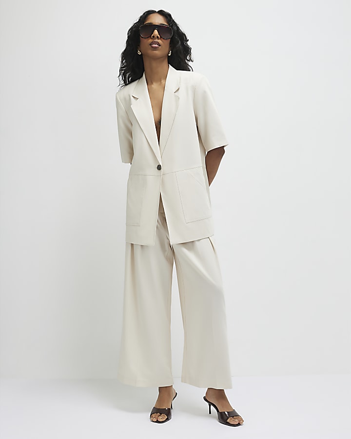 Beige Short Sleeve Pocket Blazer