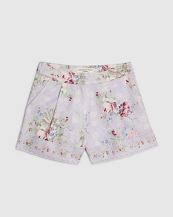 Purple Floral Printed Shorts