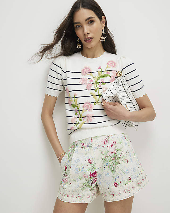 White Floral Printed Shorts