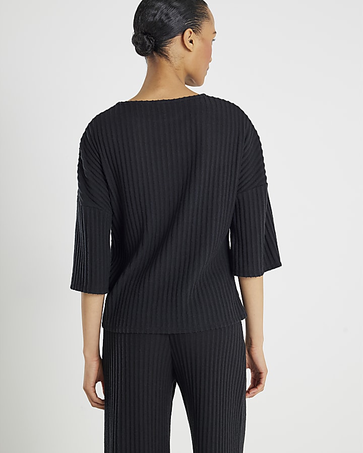 Black Short Sleeve Cosy Ribbed Knot Side Top