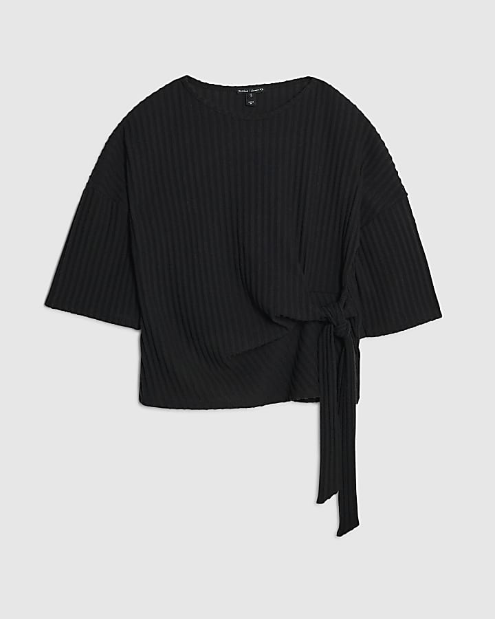 Black Short Sleeve Cosy Ribbed Knot Side Top