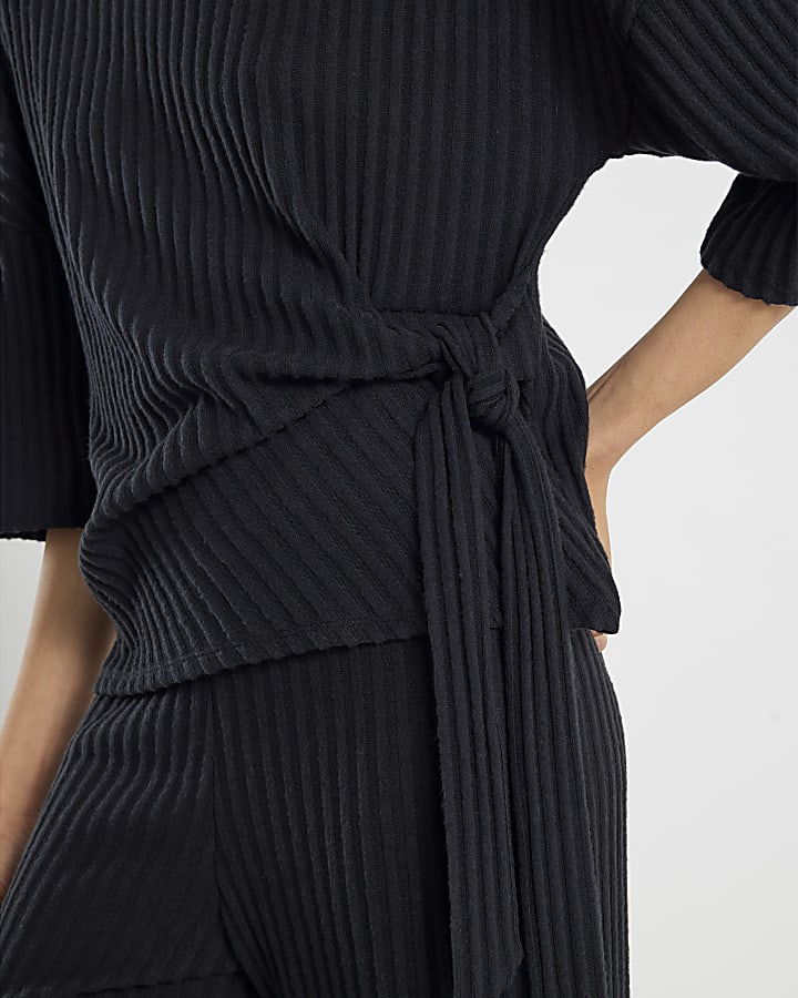 Black Short Sleeve Cosy Ribbed Knot Side Top