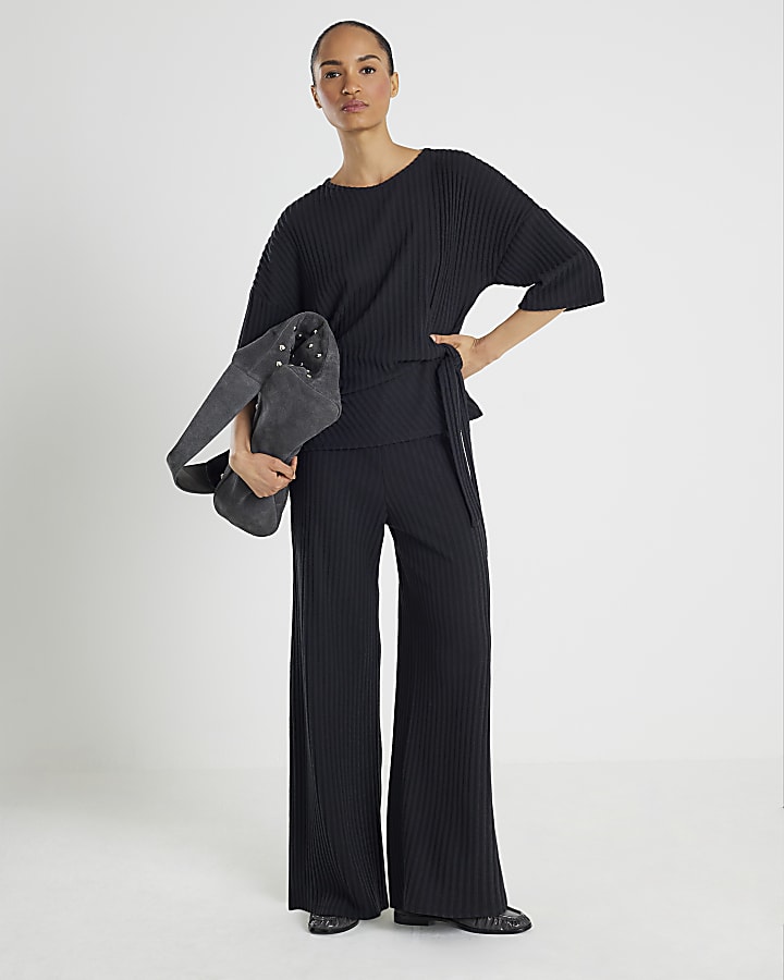 Black Short Sleeve Cosy Ribbed Knot Side Top