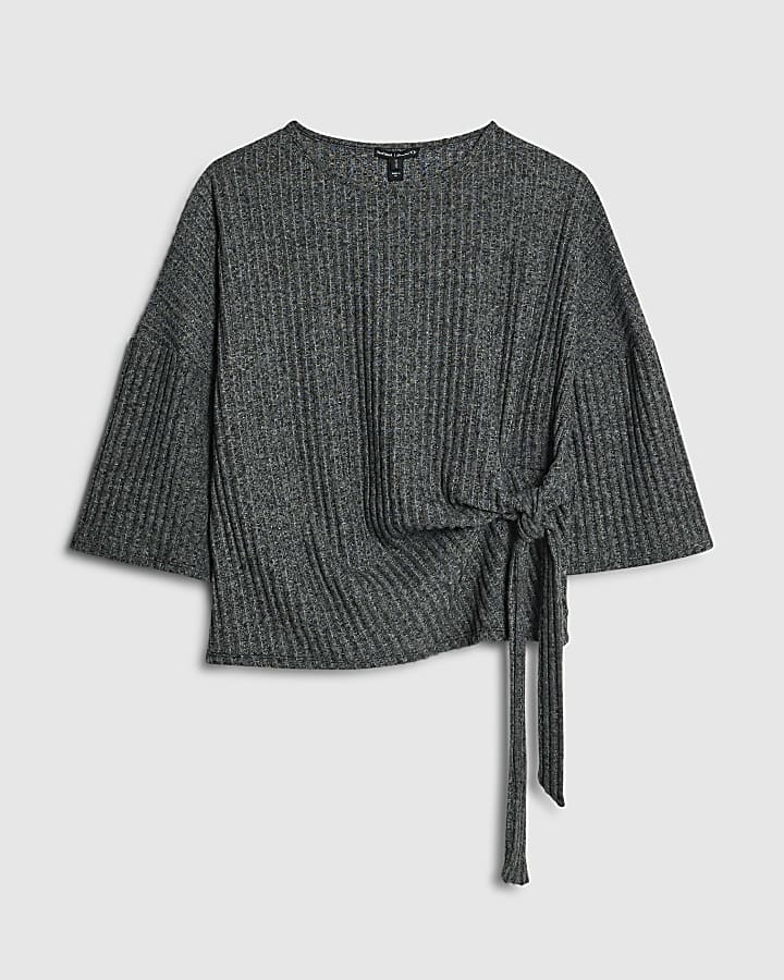 Grey Cosy Ribbed Knot Side Top