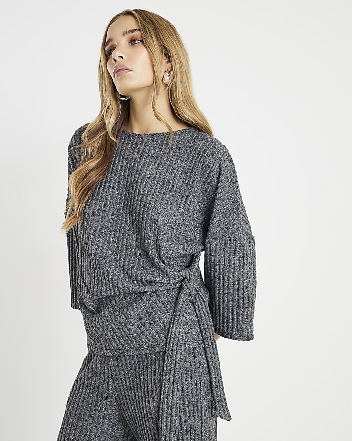 Grey Cosy Ribbed Knot Side Top