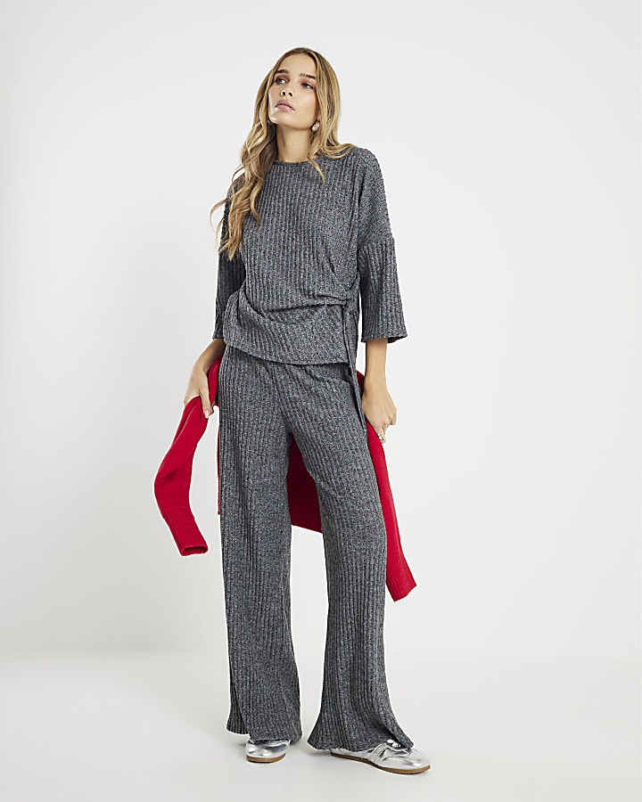 Grey Cosy Ribbed Knot Side Top