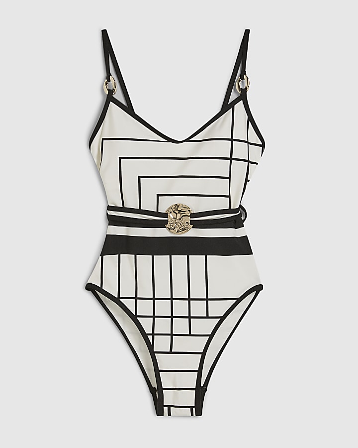 Cream Geometric Stripe Swimsuit