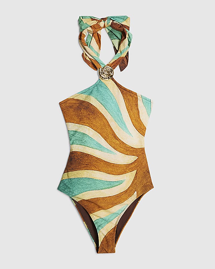 Brown Halter Neck Swirl Swimsuit