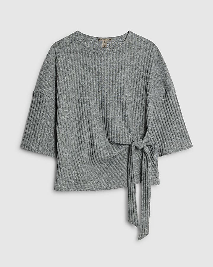 Grey Cosy Ribbed Knot Side Top