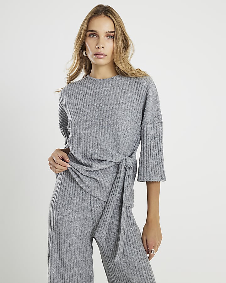 Grey Cosy Ribbed Knot Side Top