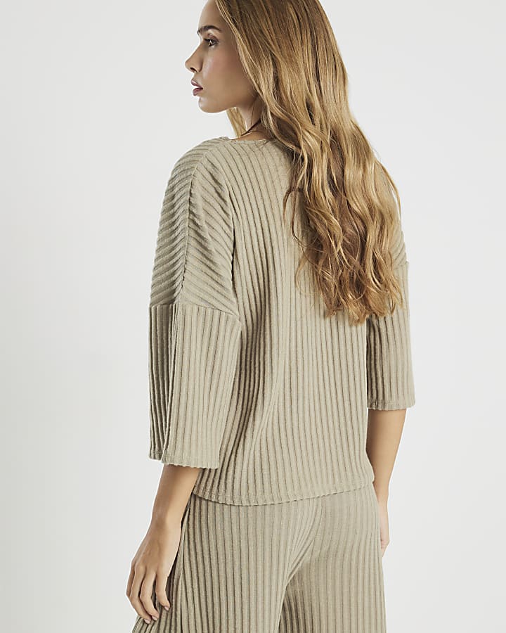 Khaki Cosy Ribbed Knot Side Top