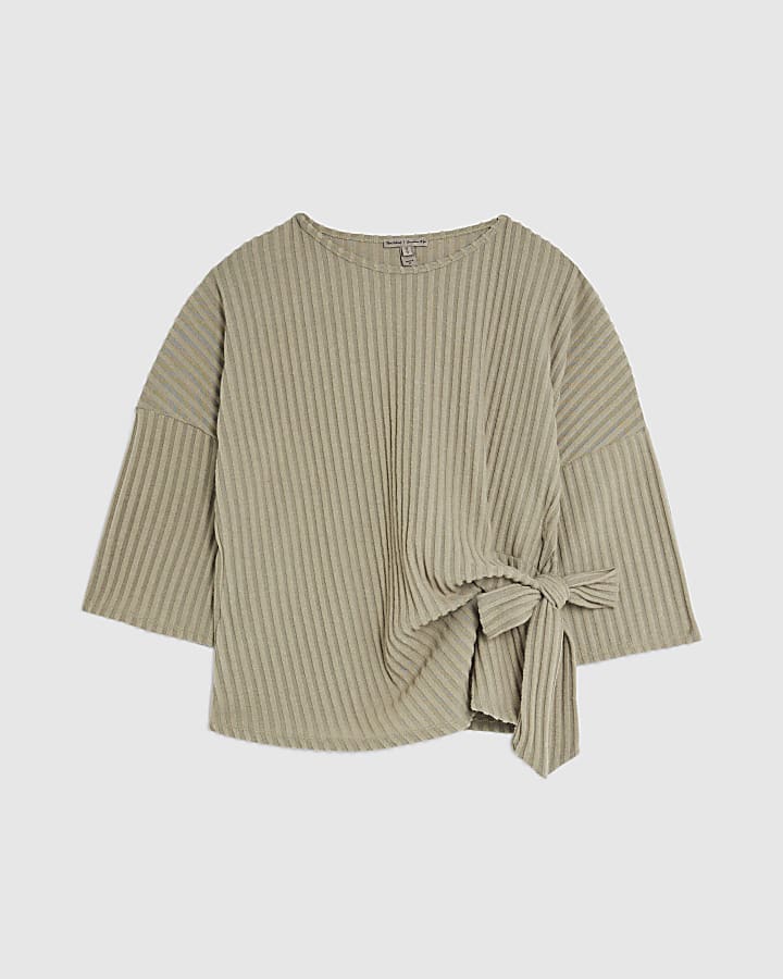 Khaki Cosy Ribbed Knot Side Top