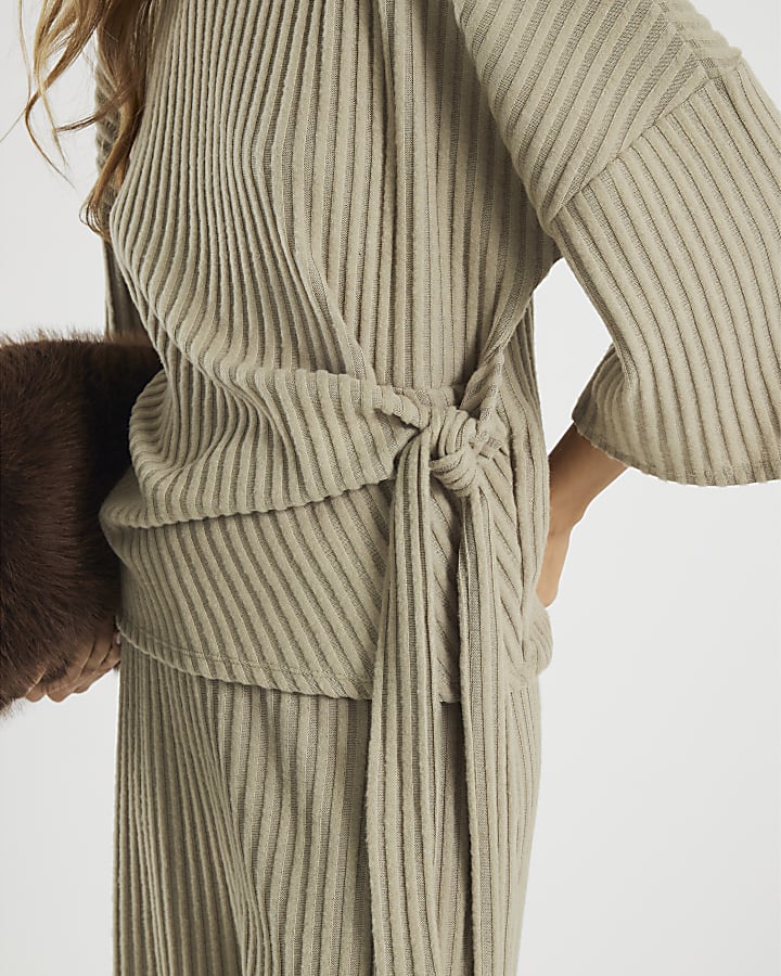 Khaki Cosy Ribbed Knot Side Top
