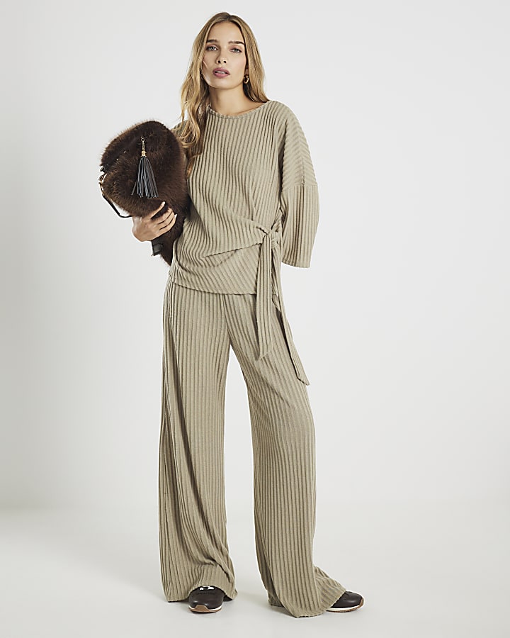 Khaki Cosy Ribbed Knot Side Top