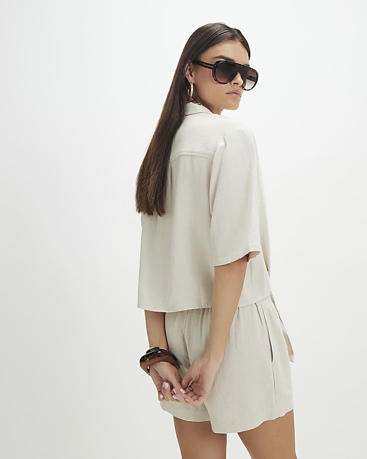 Beige Linen Blend Tie Front Shirt