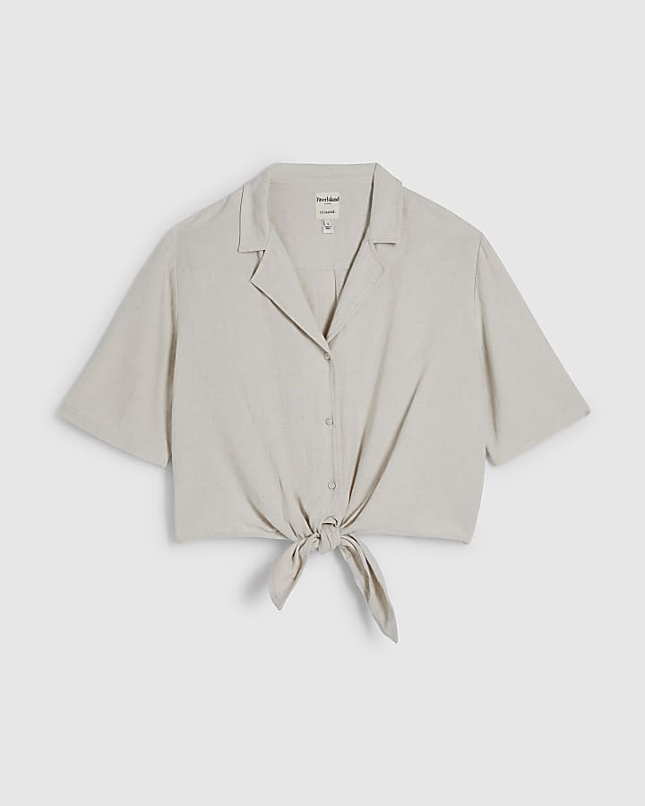 Beige Linen Blend Tie Front Shirt