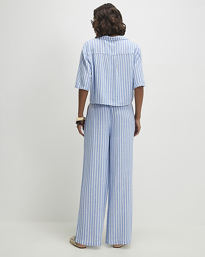 Blue Linen Blend Stripe Trousers