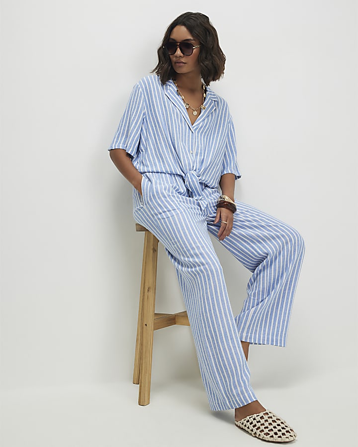 Blue Linen Blend Stripe Trousers