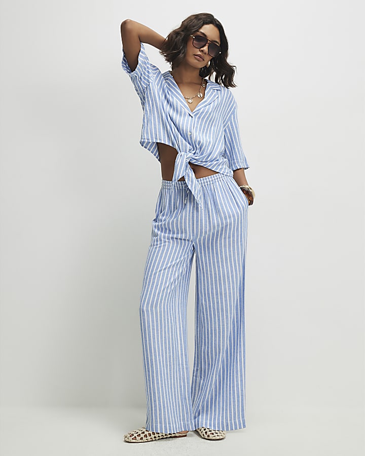 Blue Linen Blend Stripe Trousers