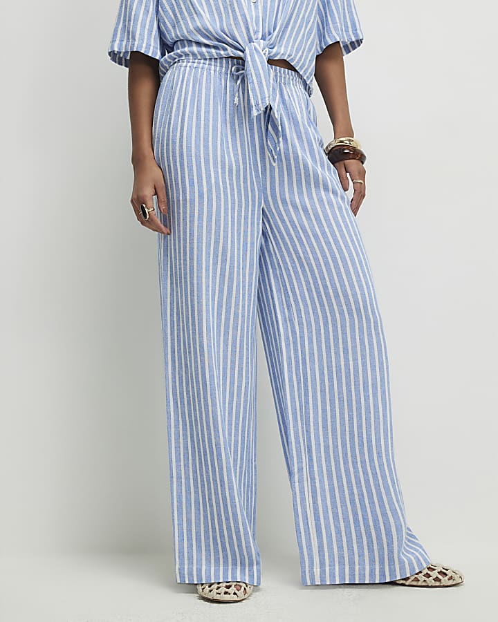 Blue Linen Blend Stripe Trousers
