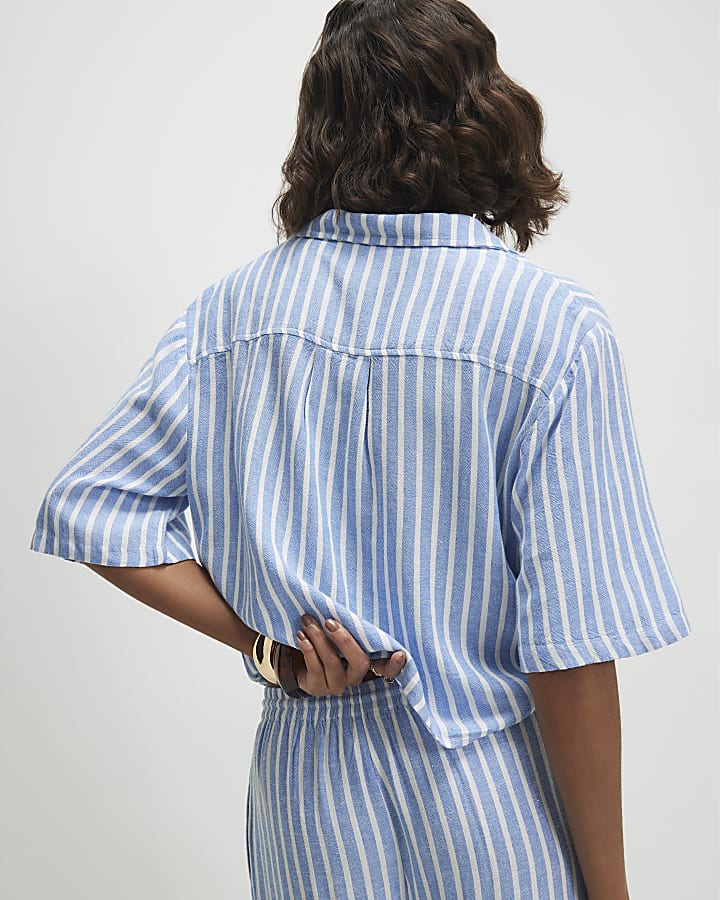 Blue Linen Blend Stripe Tie Shirt