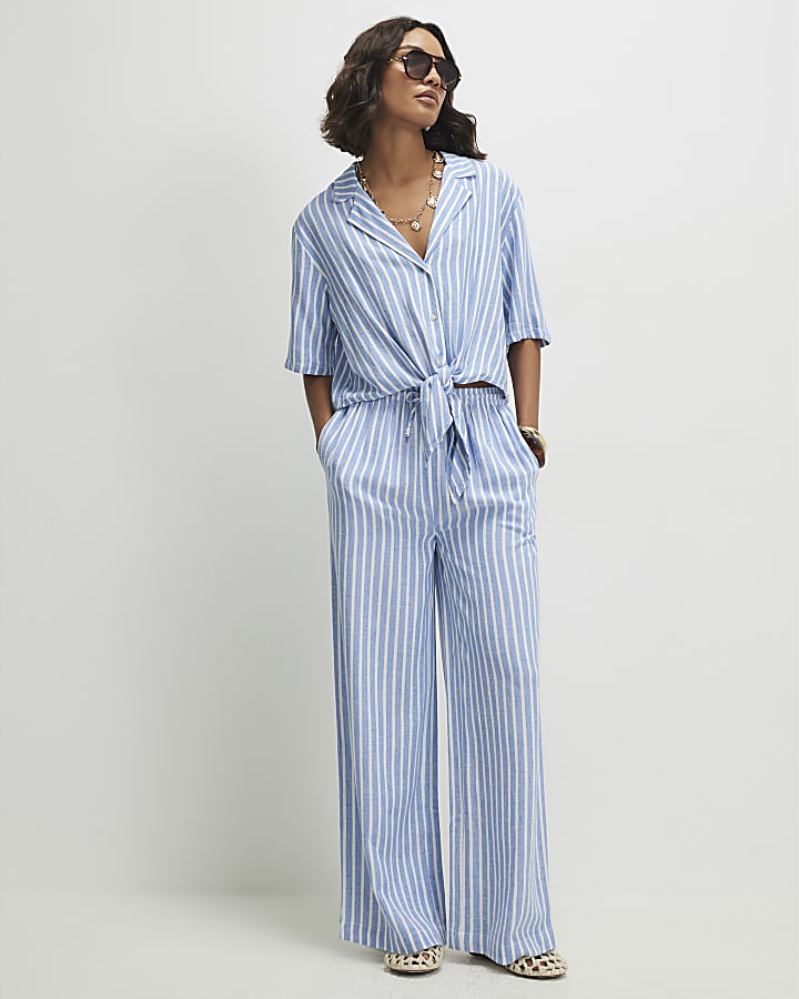 Blue Linen Blend Stripe Tie Shirt