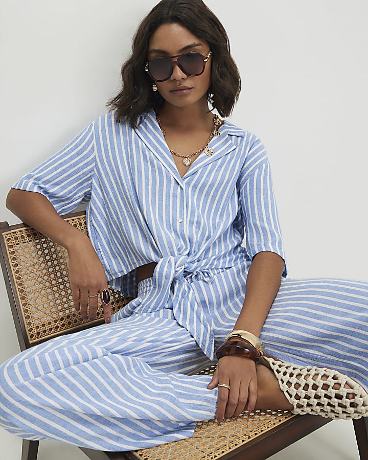 Blue Linen Blend Stripe Tie Shirt