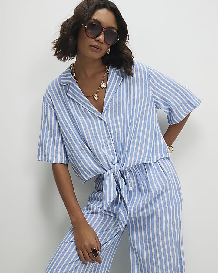 Blue Linen Blend Stripe Tie Shirt