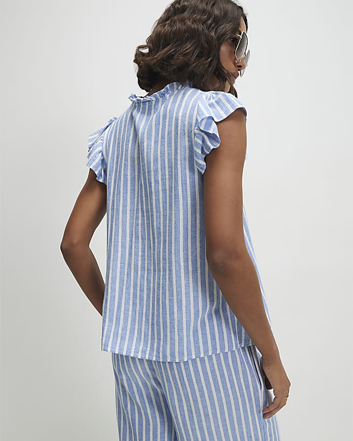 Blue Linen Blend Stripe Frill Blouse