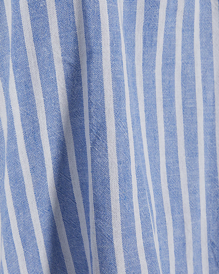 Blue Linen Blend Stripe Frill Blouse