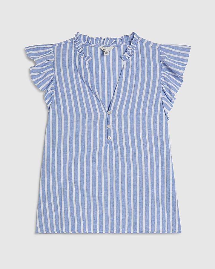 Blue Linen Blend Stripe Frill Blouse