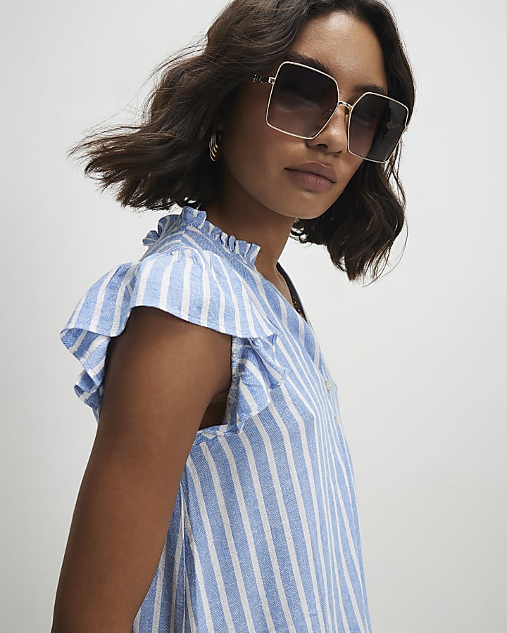 Blue Linen Blend Stripe Frill Blouse