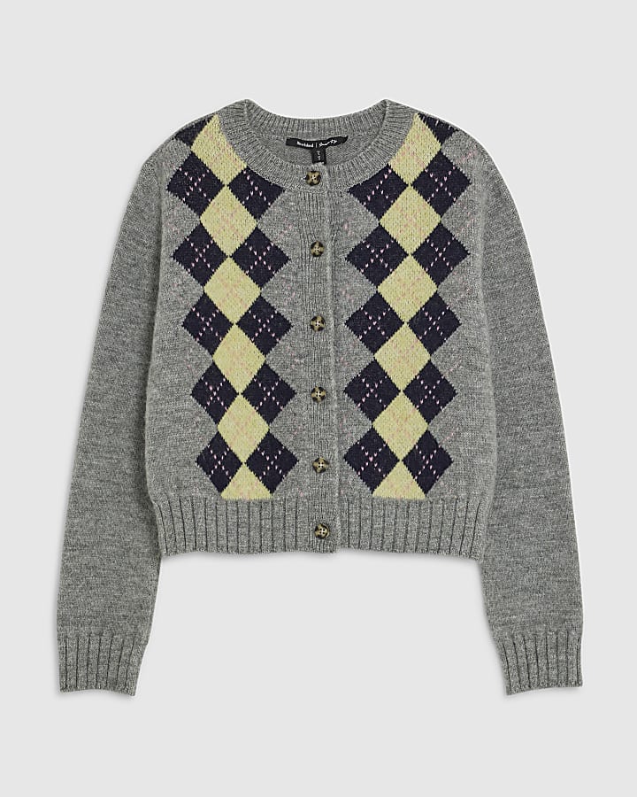 Grey Long Sleeve Argyle Print Cardigan