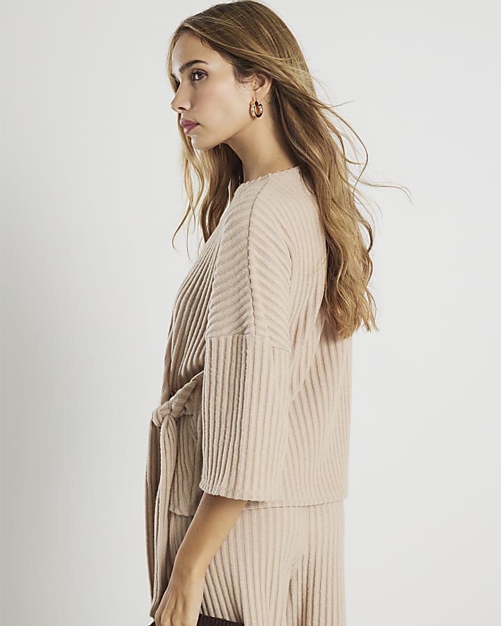 Beige Cosy Ribbed Knot Side Top