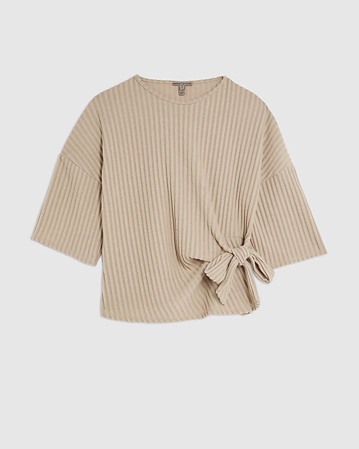 Beige Cosy Ribbed Knot Side Top