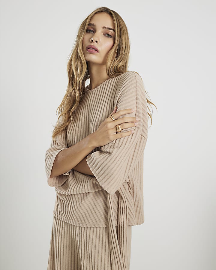 Beige Cosy Ribbed Knot Side Top