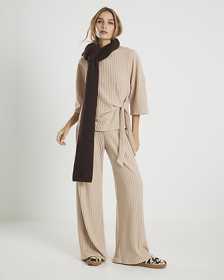 Beige Cosy Ribbed Knot Side Top