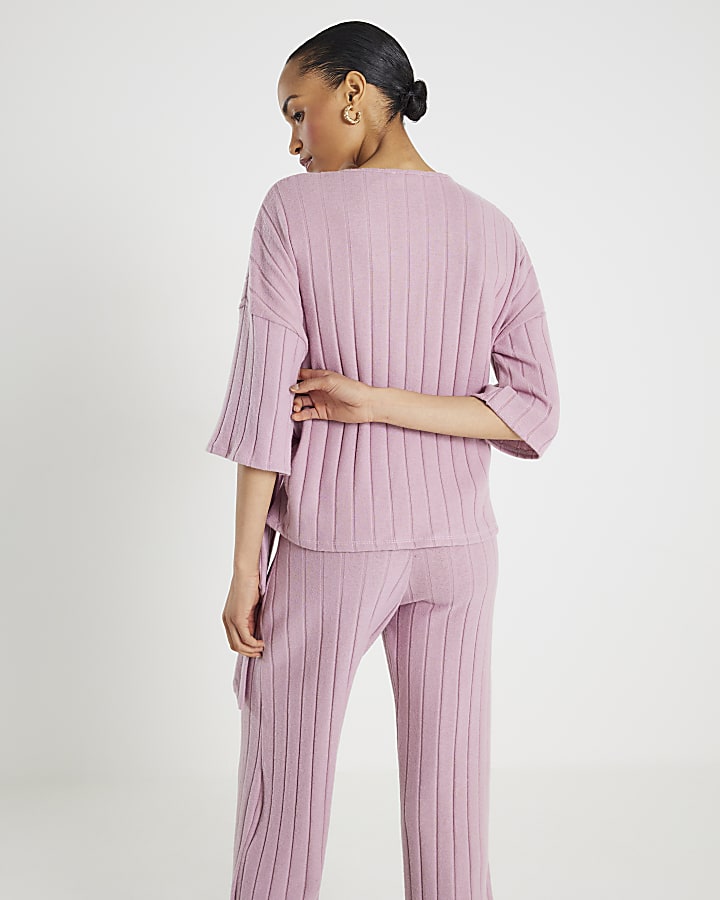 Pink Short Sleeve Cosy Ribbed Knot Side Top