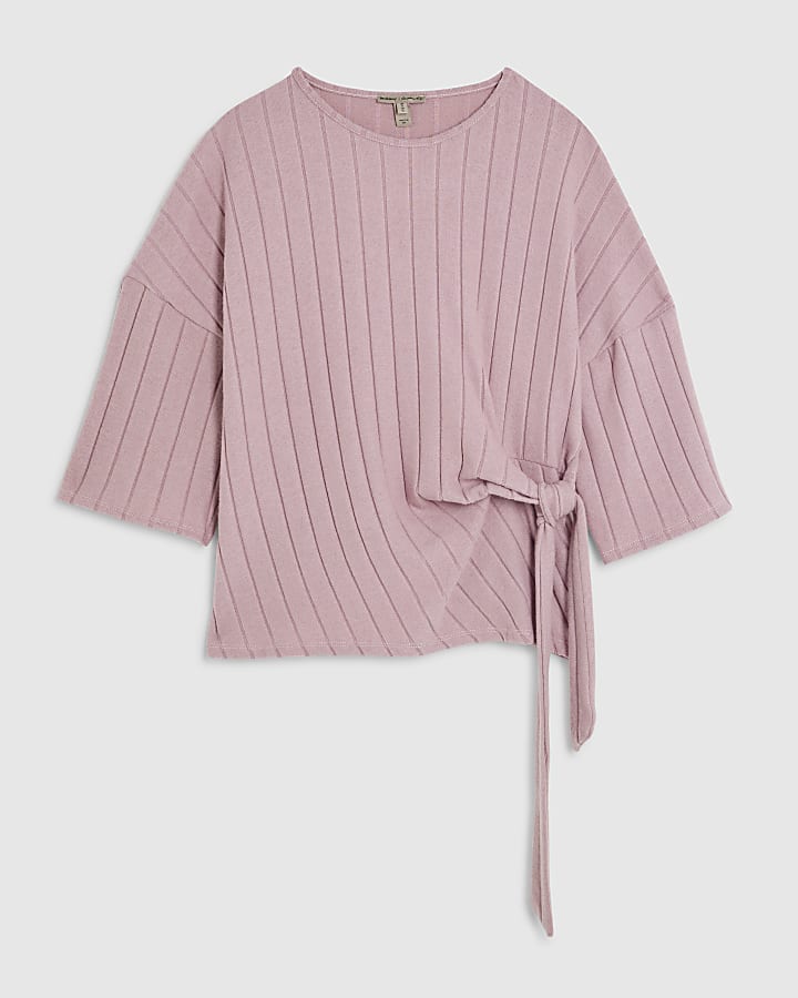 Pink Short Sleeve Cosy Ribbed Knot Side Top