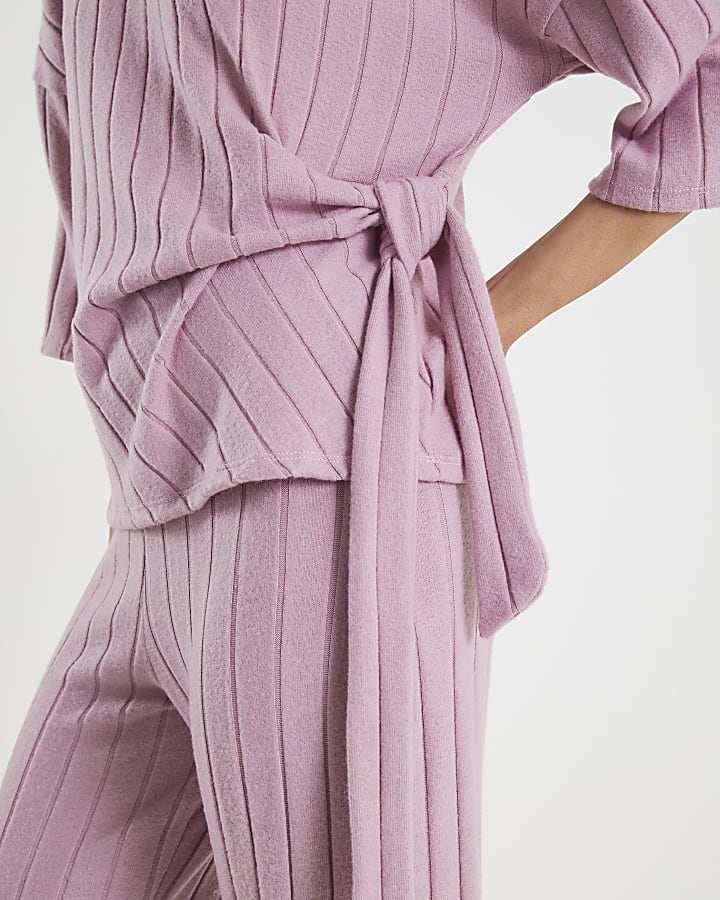 Pink Short Sleeve Cosy Ribbed Knot Side Top